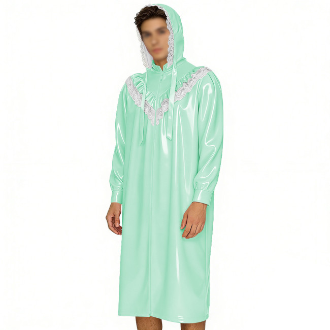 Crossdresser Wetlook Dress Sissy PVC Leather Sexy Hooded Nightgown Vintage Lace Sleepwear Gothic Zipper Front Cosplay Pajamas