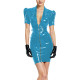 Shiny PVC Leather Bodycon Mini Dress Deep V Neck Cocktail Vestidos Zip Front Cosplay Streetwear Puff Sleeve Gothic Belted Dress