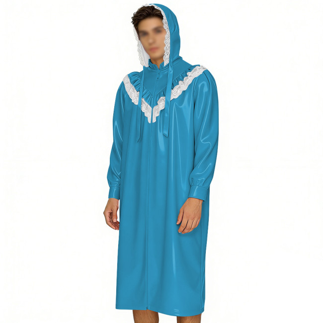 Crossdresser Wetlook Dress Sissy PVC Leather Sexy Hooded Nightgown Vintage Lace Sleepwear Gothic Zipper Front Cosplay Pajamas