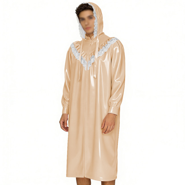 Crossdresser Wetlook Dress Sissy PVC Leather Sexy Hooded Nightgown Vintage Lace Sleepwear Gothic Zipper Front Cosplay Pajamas