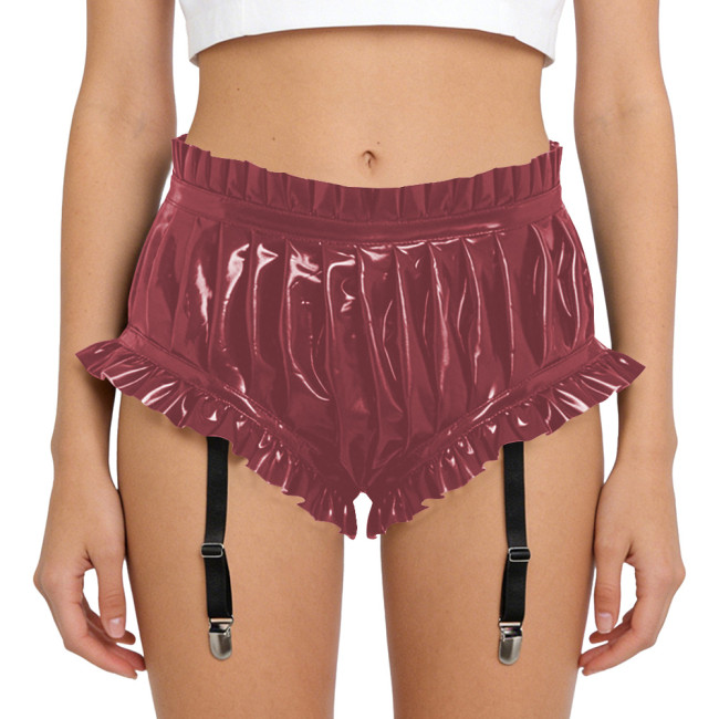 Lady Glossy PVC Leather Sexy High Waist Party Shorts Erotic Ruffle Booty Shorts Fetish Detachable Garters Gothic Cosplay Bottoms