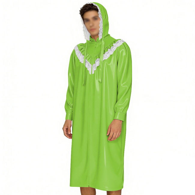 Crossdresser Wetlook Dress Sissy PVC Leather Sexy Hooded Nightgown Vintage Lace Sleepwear Gothic Zipper Front Cosplay Pajamas