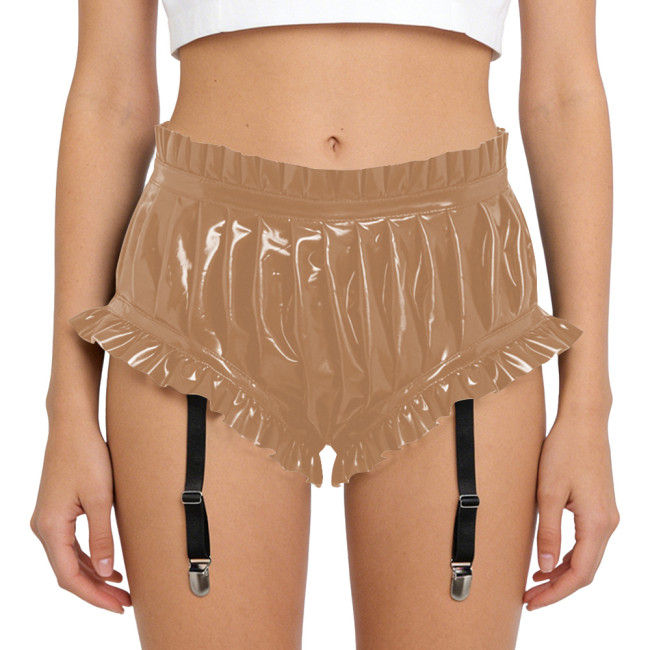 Lady Glossy PVC Leather Sexy High Waist Party Shorts Erotic Ruffle Booty Shorts Fetish Detachable Garters Gothic Cosplay Bottoms