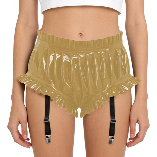 Lady Glossy PVC Leather Sexy High Waist Party Shorts Erotic Ruffle Booty Shorts Fetish Detachable Garters Gothic Cosplay Bottoms