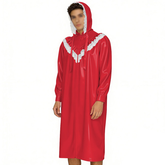 Crossdresser Wetlook Dress Sissy PVC Leather Sexy Hooded Nightgown Vintage Lace Sleepwear Gothic Zipper Front Cosplay Pajamas