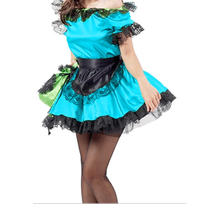 Lolita Black Lace Trim Maid Lolita Sets with Apron Boat Neck Short Sleeve Skintight Short Dress Carnival Halloween Costumes