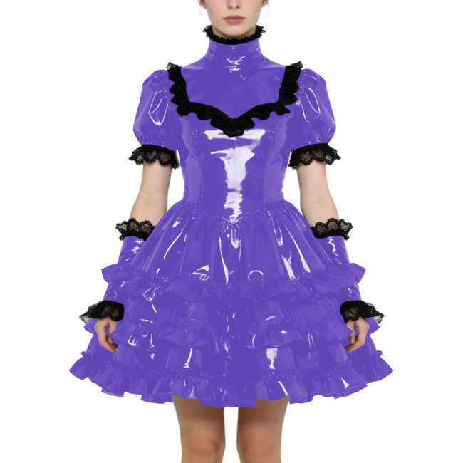 Shiny PVC Gothic Zipper Lolita Dress Puff Sleeve Ruffle Mini Dress with Fetish Gloves Knee-length Party Dress Cross-dressering