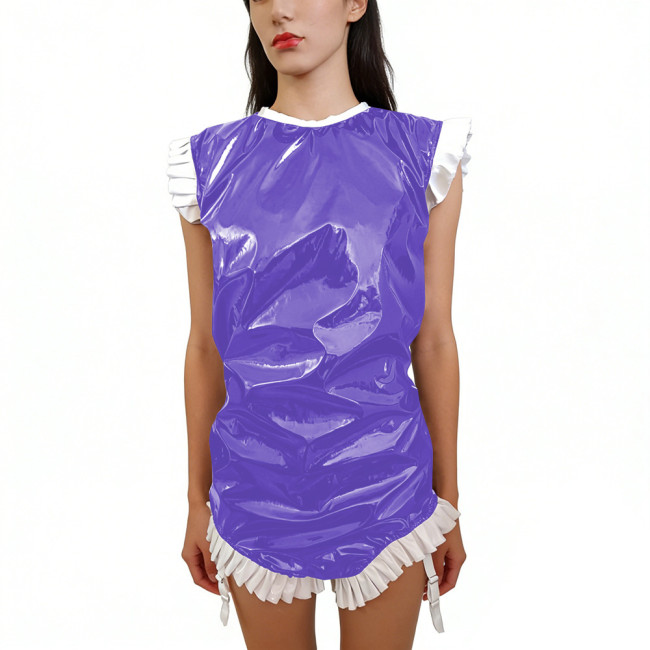 Shiny PVC Sleeveless Halloween Bodysuit Gothic Back Zipper Bodycon Rompers with Garter Straps Punk Party Clubwear Cosplay Outfit