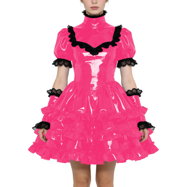 Shiny PVC Gothic Zipper Lolita Dress Puff Sleeve Ruffle Mini Dress with Fetish Gloves Knee-length Party Dress Cross-dressering