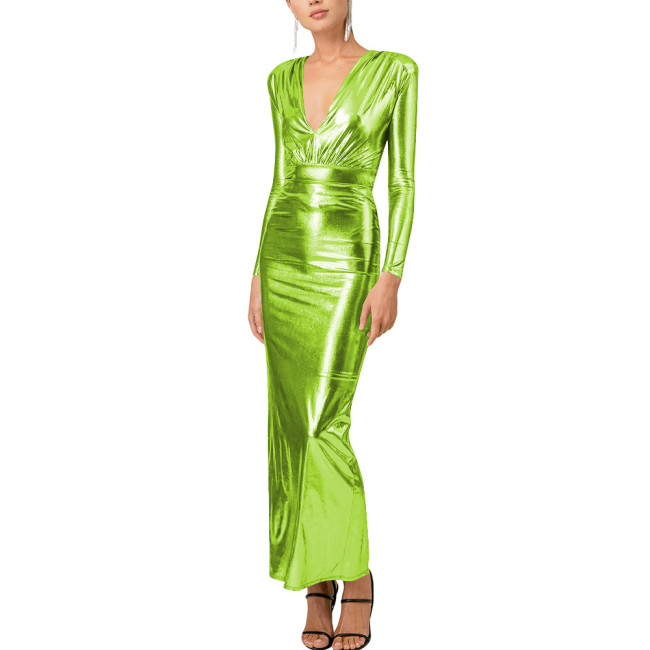 Elegant Metallic V-Neck Maxi Dress Bodycon Evening Gown with Back Slit Formal Ruched Waist Party Cocktail Dress Sexy Night Prom