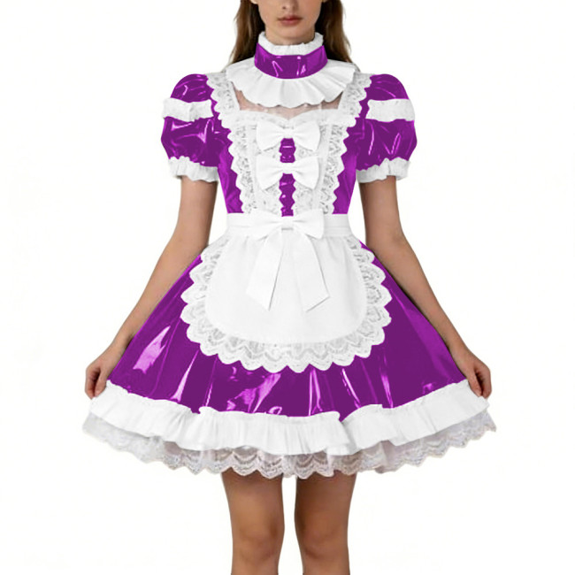 Shiny PVC French Puff Sleeve Maid Dress Sissy Bow Crossdresser A-line Lolita Cosplay Wetlook Lace Ruffle Apron Anime Mini Dress