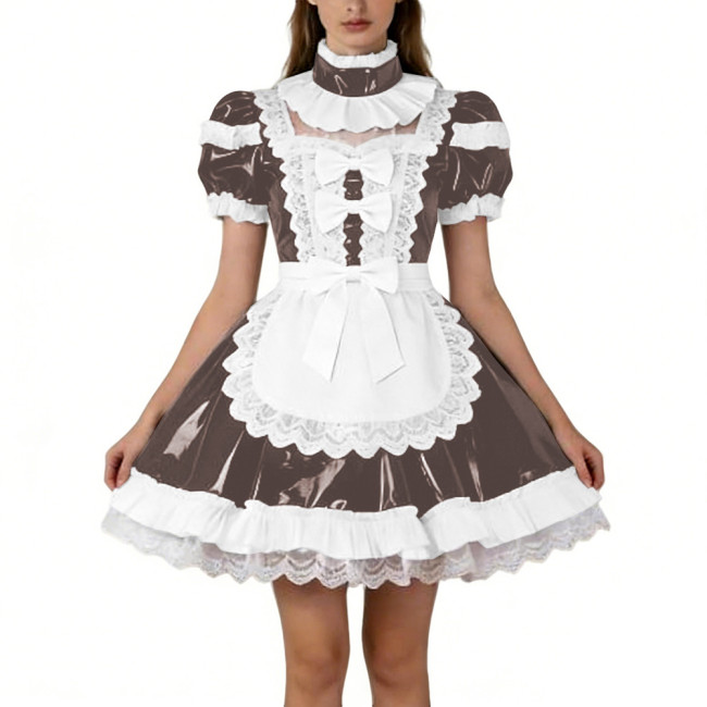 Shiny PVC French Puff Sleeve Maid Dress Sissy Bow Crossdresser A-line Lolita Cosplay Wetlook Lace Ruffle Apron Anime Mini Dress