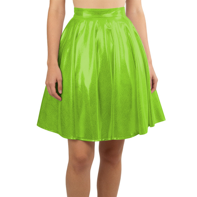 Women Liquid Metallic Pleated Party Skirt Nightclub Gothic A-Line Cosplay Skirt Wetlook Sexy Flared Mini Skirt Vintage Clubwear