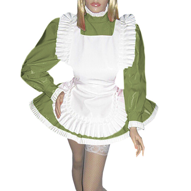 Frilly Hem Sissy Maid Dress Outfits Glossy PVC Long Puff Sleeve A-line Miad Dess with Ruffles Apron for Halloween Party Cosplay
