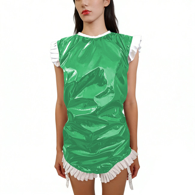 Shiny PVC Sleeveless Halloween Bodysuit Gothic Back Zipper Bodycon Rompers with Garter Straps Punk Party Clubwear Cosplay Outfit