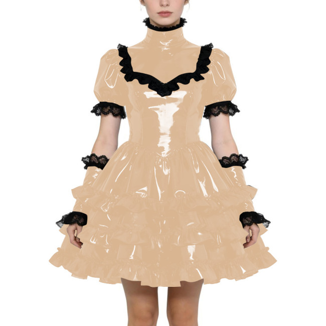 Shiny PVC Gothic Zipper Lolita Dress Puff Sleeve Ruffle Mini Dress with Fetish Gloves Knee-length Party Dress Cross-dressering