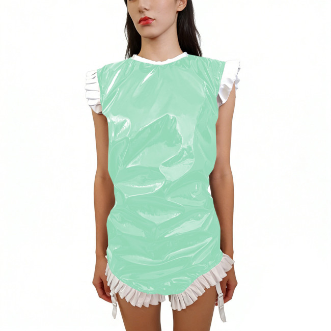 Shiny PVC Sleeveless Halloween Bodysuit Gothic Back Zipper Bodycon Rompers with Garter Straps Punk Party Clubwear Cosplay Outfit