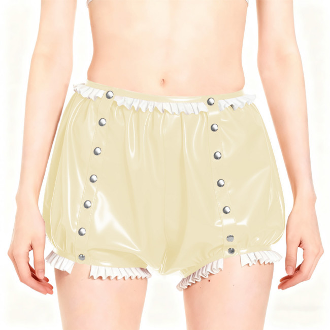 Sissy Punk Women Shiny Wetlook PVC Leather Shorts Vintage Party Button Puffy Pant Gothic Lolita Cosplay Crossdresser Clubwear