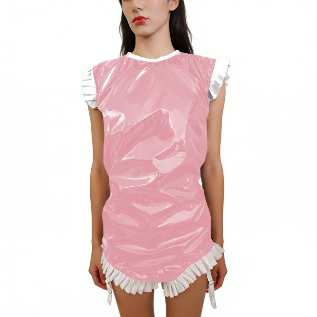 Shiny PVC Sleeveless Halloween Bodysuit Gothic Back Zipper Bodycon Rompers with Garter Straps Punk Party Clubwear Cosplay Outfit