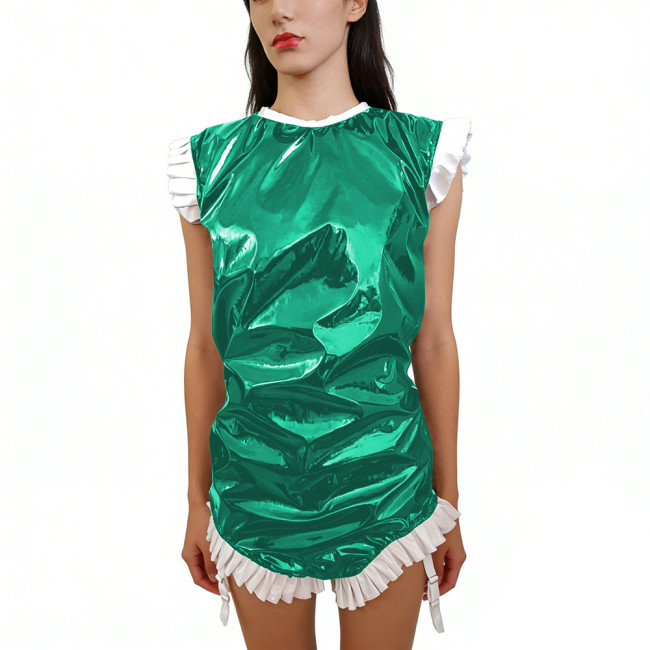 Shiny PVC Sleeveless Halloween Bodysuit Gothic Back Zipper Bodycon Rompers with Garter Straps Punk Party Clubwear Cosplay Outfit