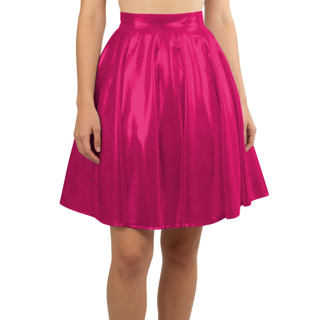 Women Liquid Metallic Pleated Party Skirt Nightclub Gothic A-Line Cosplay Skirt Wetlook Sexy Flared Mini Skirt Vintage Clubwear