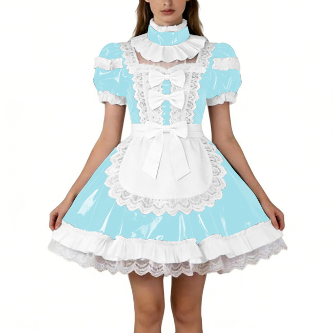 Shiny PVC French Puff Sleeve Maid Dress Sissy Bow Crossdresser A-line Lolita Cosplay Wetlook Lace Ruffle Apron Anime Mini Dress