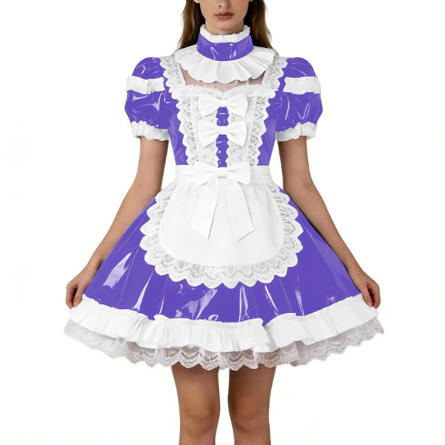 Shiny PVC French Puff Sleeve Maid Dress Sissy Bow Crossdresser A-line Lolita Cosplay Wetlook Lace Ruffle Apron Anime Mini Dress