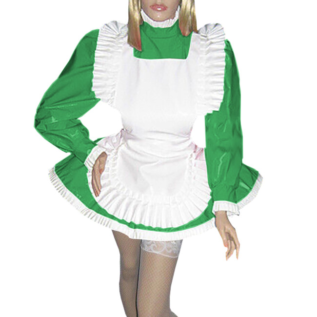 Frilly Hem Sissy Maid Dress Outfits Glossy PVC Long Puff Sleeve A-line Miad Dess with Ruffles Apron for Halloween Party Cosplay