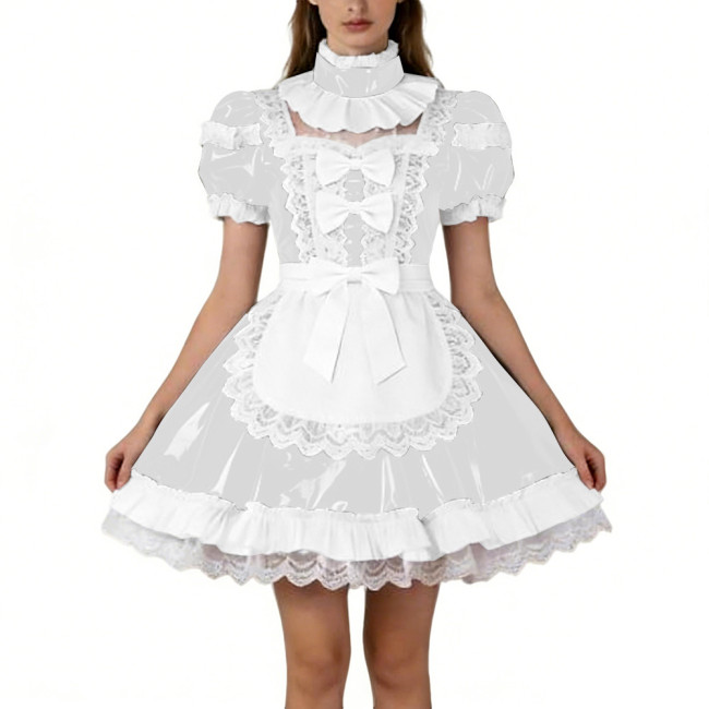 Shiny PVC French Puff Sleeve Maid Dress Sissy Bow Crossdresser A-line Lolita Cosplay Wetlook Lace Ruffle Apron Anime Mini Dress