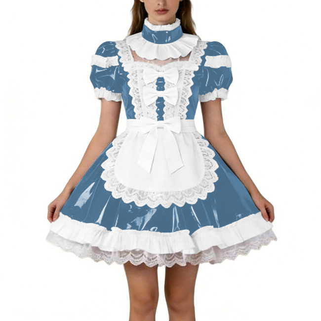 Shiny PVC French Puff Sleeve Maid Dress Sissy Bow Crossdresser A-line Lolita Cosplay Wetlook Lace Ruffle Apron Anime Mini Dress