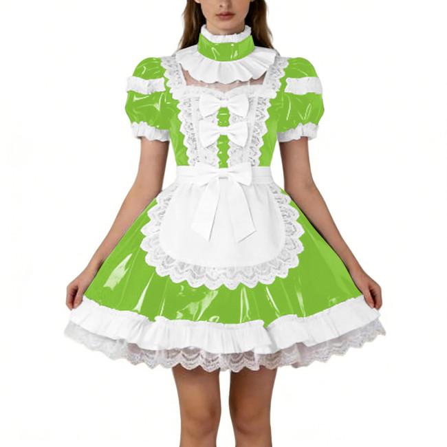 Shiny PVC French Puff Sleeve Maid Dress Sissy Bow Crossdresser A-line Lolita Cosplay Wetlook Lace Ruffle Apron Anime Mini Dress