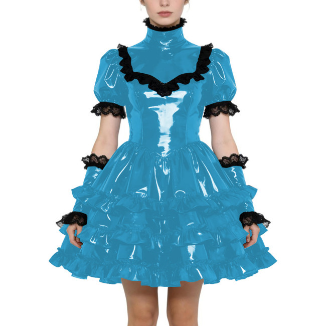 Shiny PVC Gothic Zipper Lolita Dress Puff Sleeve Ruffle Mini Dress with Fetish Gloves Knee-length Party Dress Cross-dressering