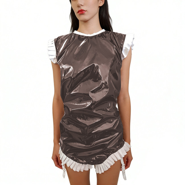 Shiny PVC Sleeveless Halloween Bodysuit Gothic Back Zipper Bodycon Rompers with Garter Straps Punk Party Clubwear Cosplay Outfit
