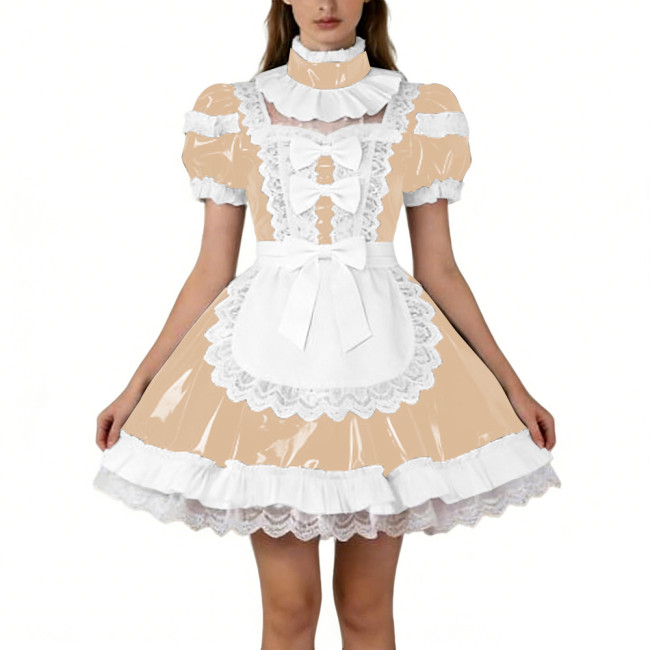 Shiny PVC French Puff Sleeve Maid Dress Sissy Bow Crossdresser A-line Lolita Cosplay Wetlook Lace Ruffle Apron Anime Mini Dress