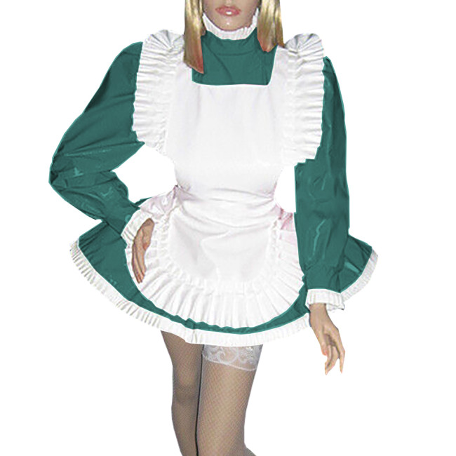 Frilly Hem Sissy Maid Dress Outfits Glossy PVC Long Puff Sleeve A-line Miad Dess with Ruffles Apron for Halloween Party Cosplay