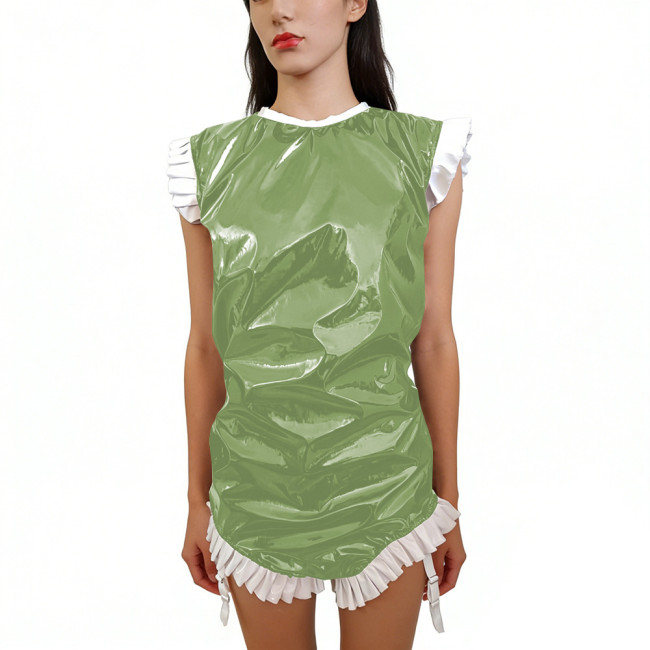 Shiny PVC Sleeveless Halloween Bodysuit Gothic Back Zipper Bodycon Rompers with Garter Straps Punk Party Clubwear Cosplay Outfit