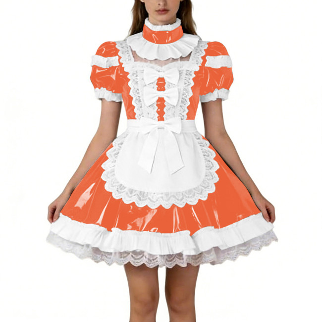 Shiny PVC French Puff Sleeve Maid Dress Sissy Bow Crossdresser A-line Lolita Cosplay Wetlook Lace Ruffle Apron Anime Mini Dress