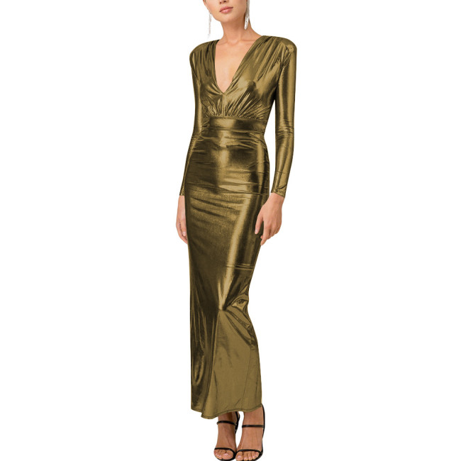 Elegant Metallic V-Neck Maxi Dress Bodycon Evening Gown with Back Slit Formal Ruched Waist Party Cocktail Dress Sexy Night Prom