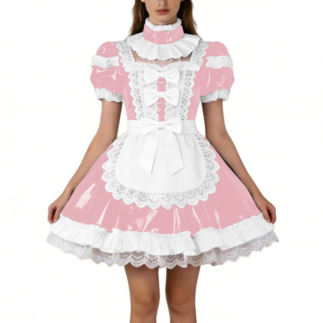Shiny PVC French Puff Sleeve Maid Dress Sissy Bow Crossdresser A-line Lolita Cosplay Wetlook Lace Ruffle Apron Anime Mini Dress