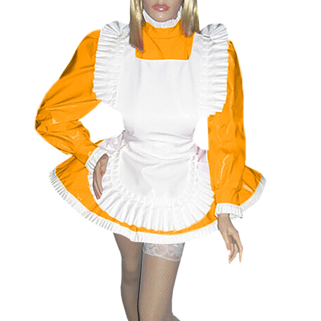 Frilly Hem Sissy Maid Dress Outfits Glossy PVC Long Puff Sleeve A-line Miad Dess with Ruffles Apron for Halloween Party Cosplay
