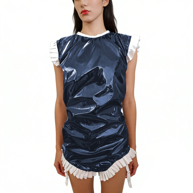 Shiny PVC Sleeveless Halloween Bodysuit Gothic Back Zipper Bodycon Rompers with Garter Straps Punk Party Clubwear Cosplay Outfit