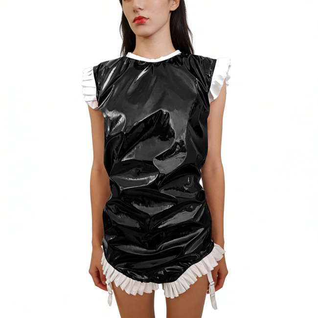 Shiny PVC Sleeveless Halloween Bodysuit Gothic Back Zipper Bodycon Rompers with Garter Straps Punk Party Clubwear Cosplay Outfit