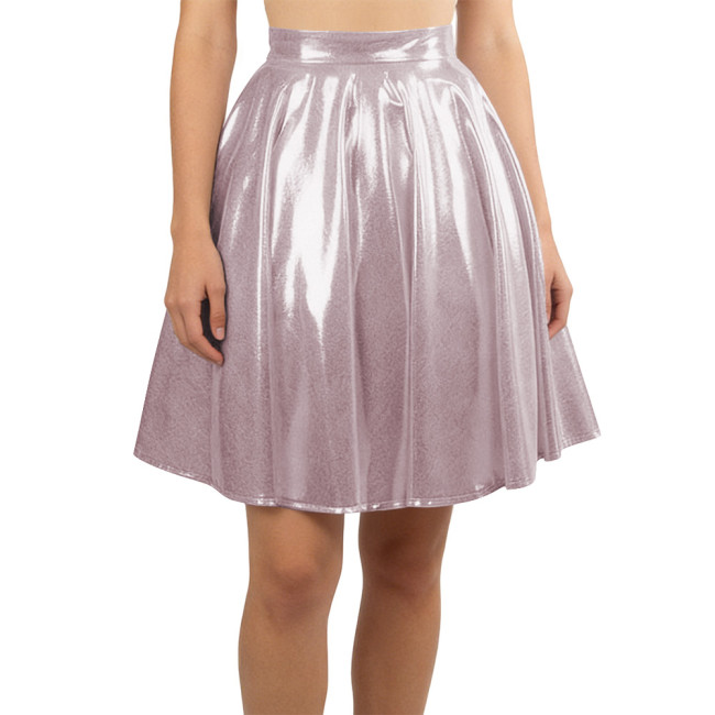 Women Liquid Metallic Pleated Party Skirt Nightclub Gothic A-Line Cosplay Skirt Wetlook Sexy Flared Mini Skirt Vintage Clubwear