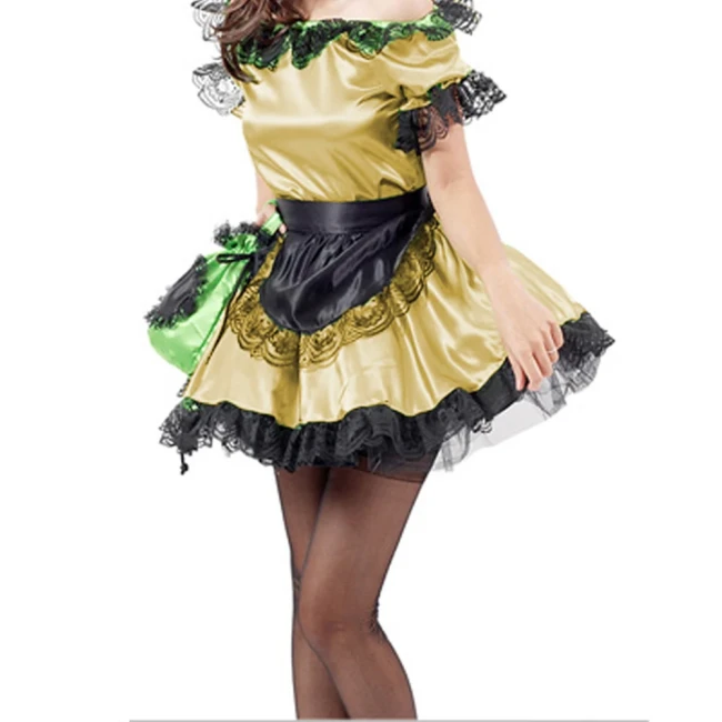 Lolita Black Lace Trim Maid Lolita Sets with Apron Boat Neck Short Sleeve Skintight Short Dress Carnival Halloween Costumes