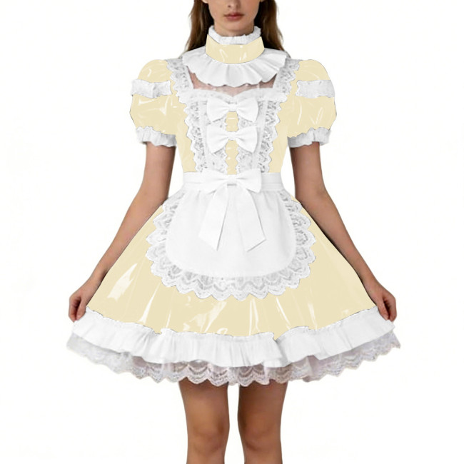 Shiny PVC French Puff Sleeve Maid Dress Sissy Bow Crossdresser A-line Lolita Cosplay Wetlook Lace Ruffle Apron Anime Mini Dress