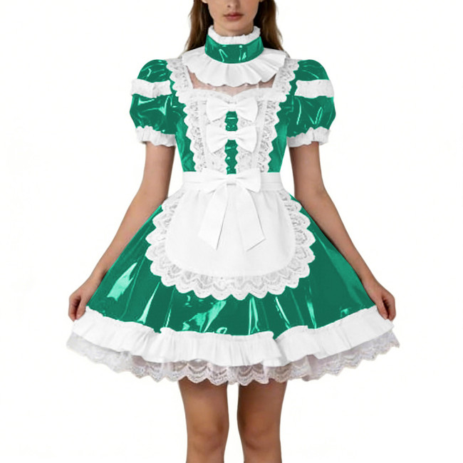 Shiny PVC French Puff Sleeve Maid Dress Sissy Bow Crossdresser A-line Lolita Cosplay Wetlook Lace Ruffle Apron Anime Mini Dress
