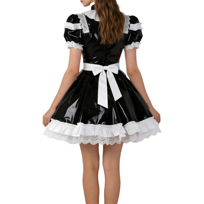 Shiny PVC French Puff Sleeve Maid Dress Sissy Bow Crossdresser A-line Lolita Cosplay Wetlook Lace Ruffle Apron Anime Mini Dress