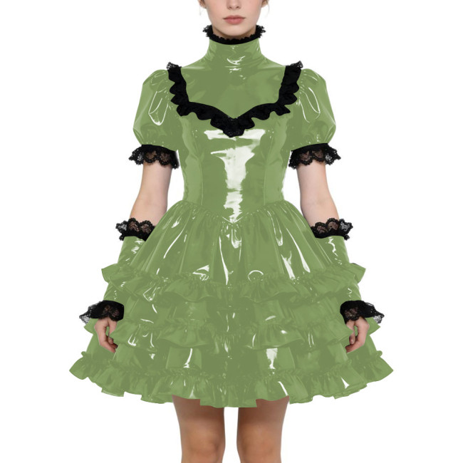 Shiny PVC Gothic Zipper Lolita Dress Puff Sleeve Ruffle Mini Dress with Fetish Gloves Knee-length Party Dress Cross-dressering