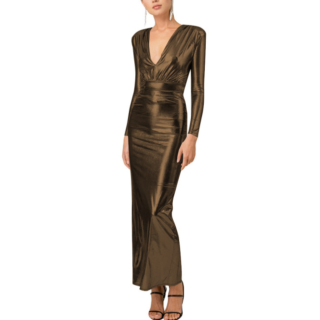 Elegant Metallic V-Neck Maxi Dress Bodycon Evening Gown with Back Slit Formal Ruched Waist Party Cocktail Dress Sexy Night Prom