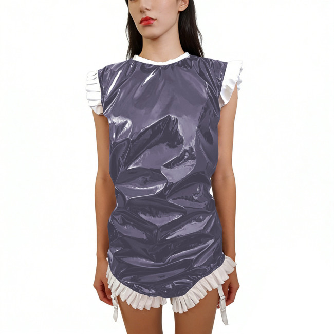 Shiny PVC Sleeveless Halloween Bodysuit Gothic Back Zipper Bodycon Rompers with Garter Straps Punk Party Clubwear Cosplay Outfit